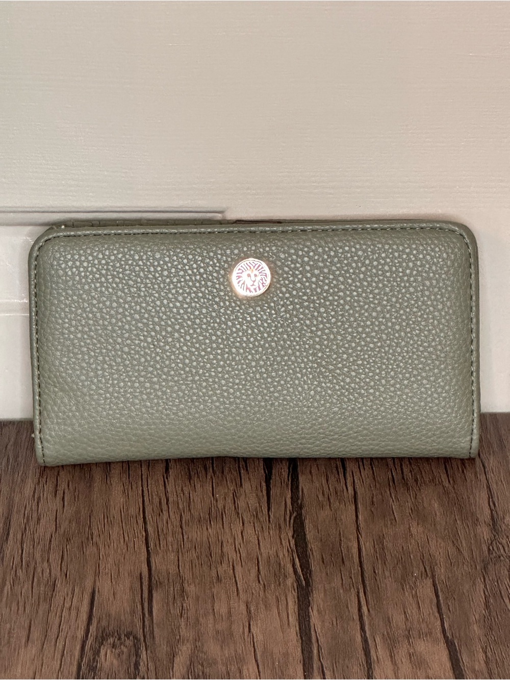 Leather Anne Klein Olive Green Wallet with Lion Medallion in Gold